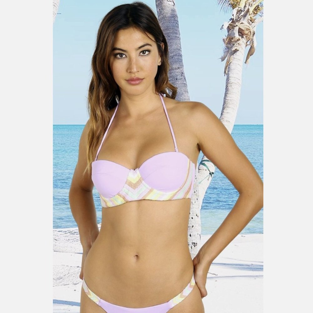 NWT Mara Hoffman Rainbow Embroidered Bustier Bikini Top (L)& Bottom (M) Lavender